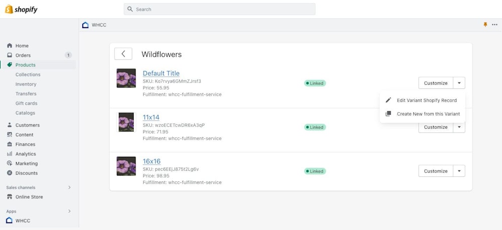 Shopify admin panel UI of "Wildflowers" product and it's three variants linked to WHCC