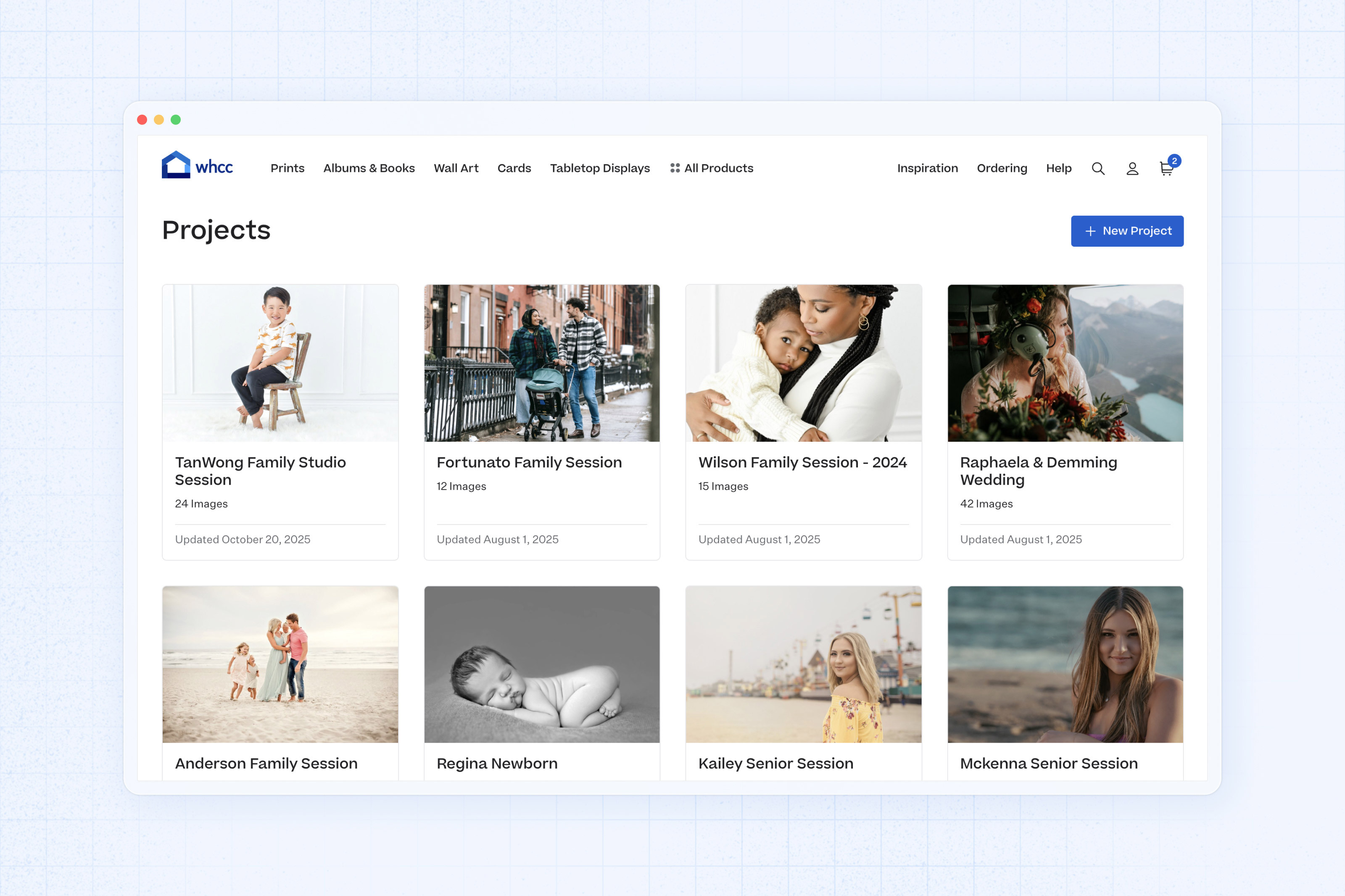 Screenshot of the "Projects" page within an account on the WHCC website featuring a grid of projects for various portrait photography sessions displayed within a minimal browser window over a light blue grid pattern background