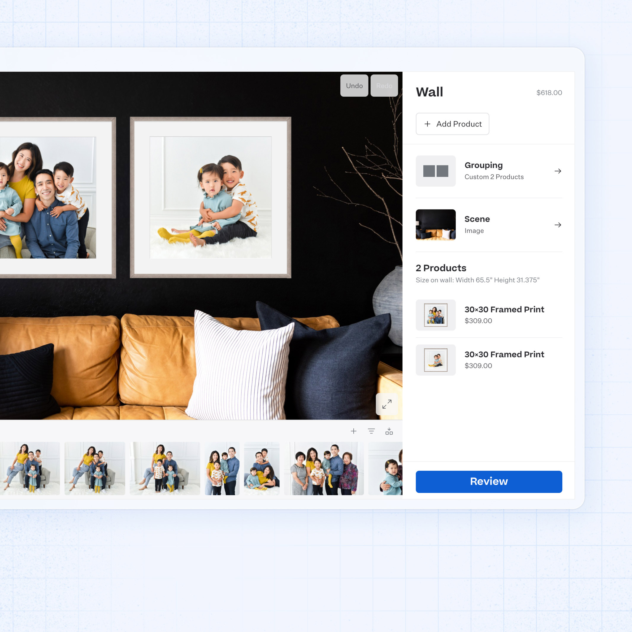 screenshot of the gallery wall designer showing a professional photographer wall collage above a couch