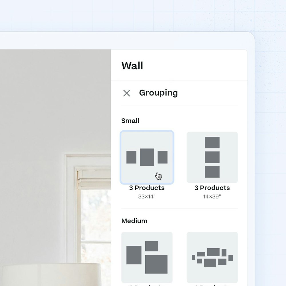 Screenshot detail of grouping layout options in Gallery Wall Designer, light blue background