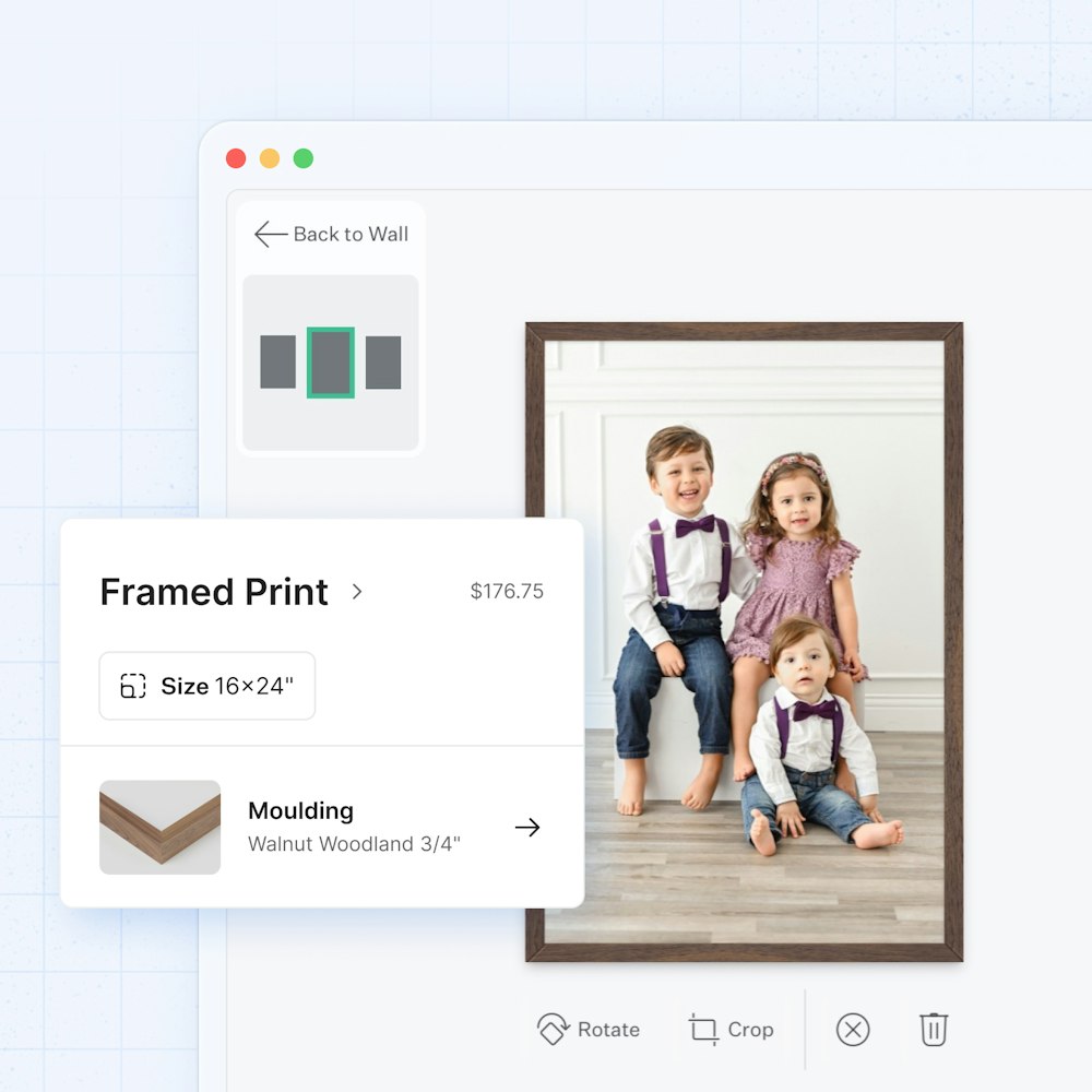 Screenshot editing family portrait Framed Print in Gallery Wall Designer on light blue background