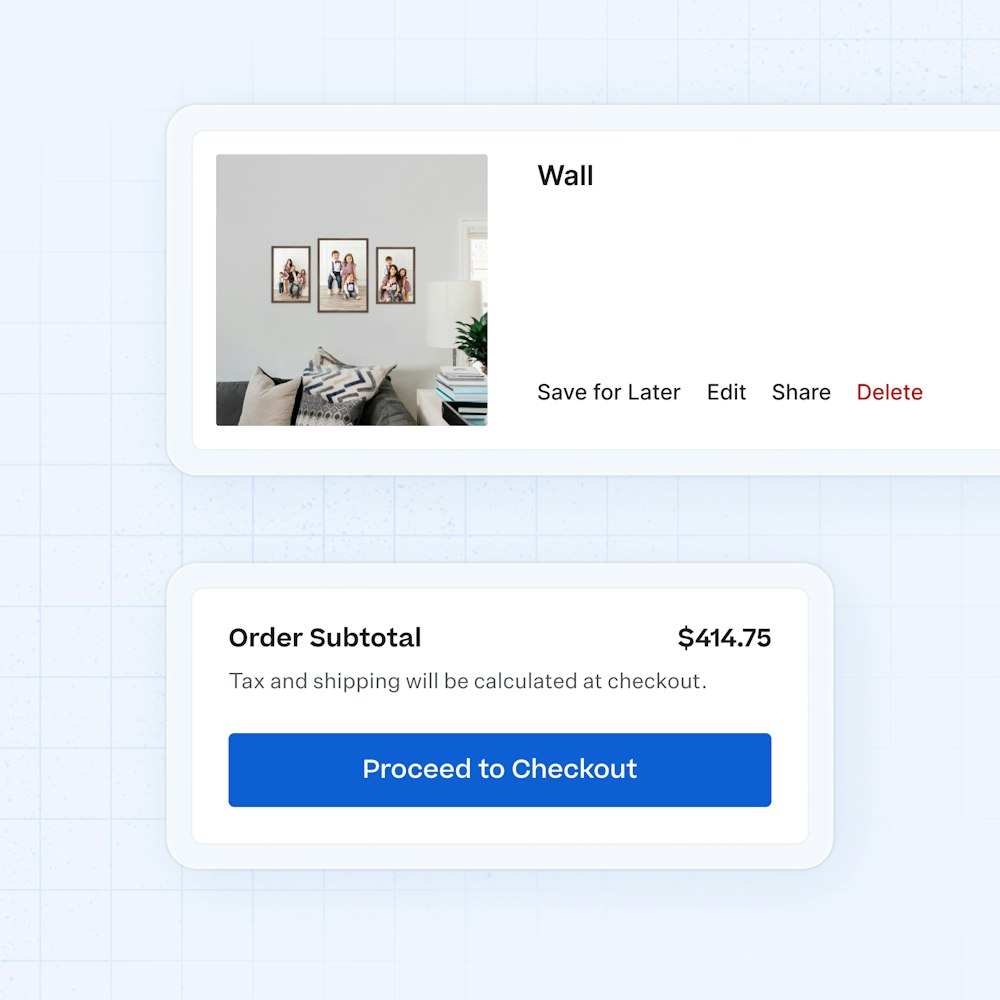 UI elements of Framed Print gallery wall in cart and "Proceed to Checkout" button over light blue background