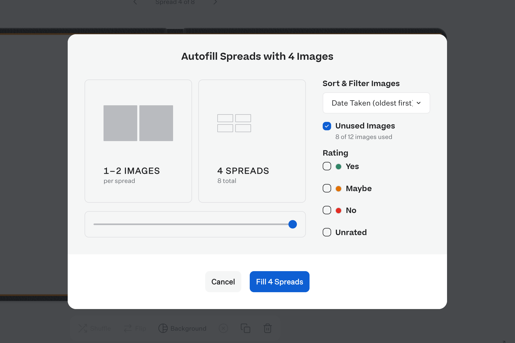 The Autofill Spreads dialog, showing how many photos go on each spread and how many spreads will be filled.