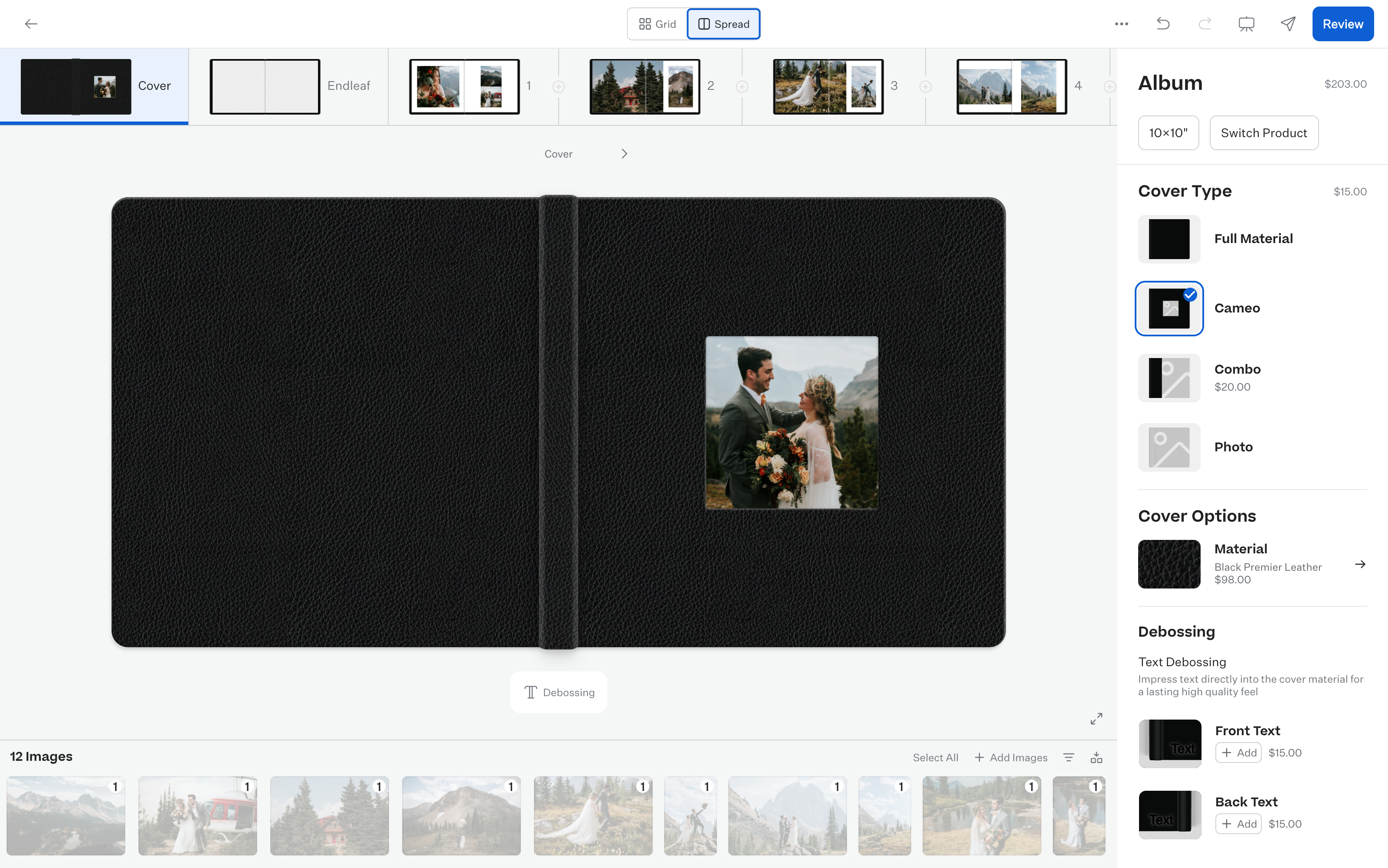 The Album & Book Designer open on an album cover, with the spread strip, canvas, gallery and options panel.