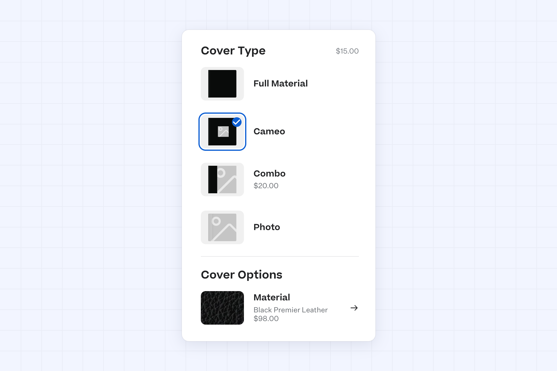 Cover Type and Cover Options in the designer's options panel.