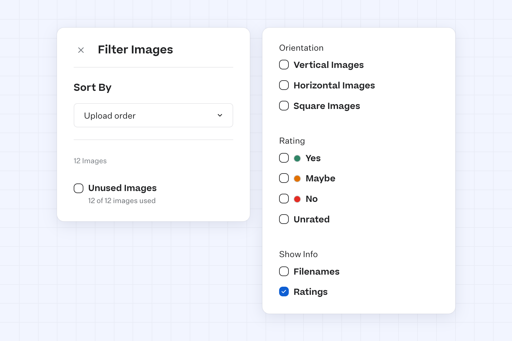 The Filter Images panel, with Sort By, Unused Images, Orientation, Rating and Show Info.