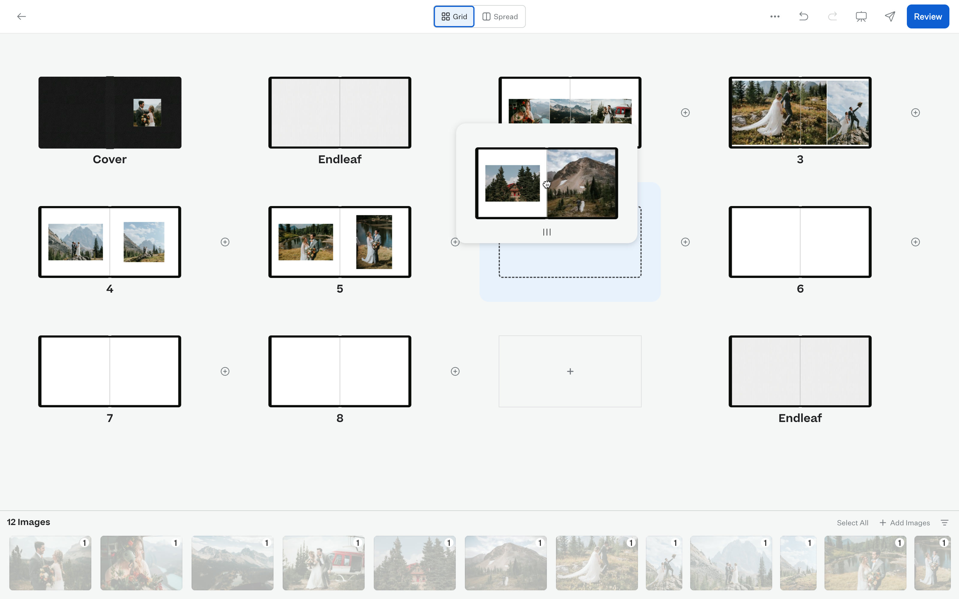 Grid view, with a spread being dragged to a new place in the album.