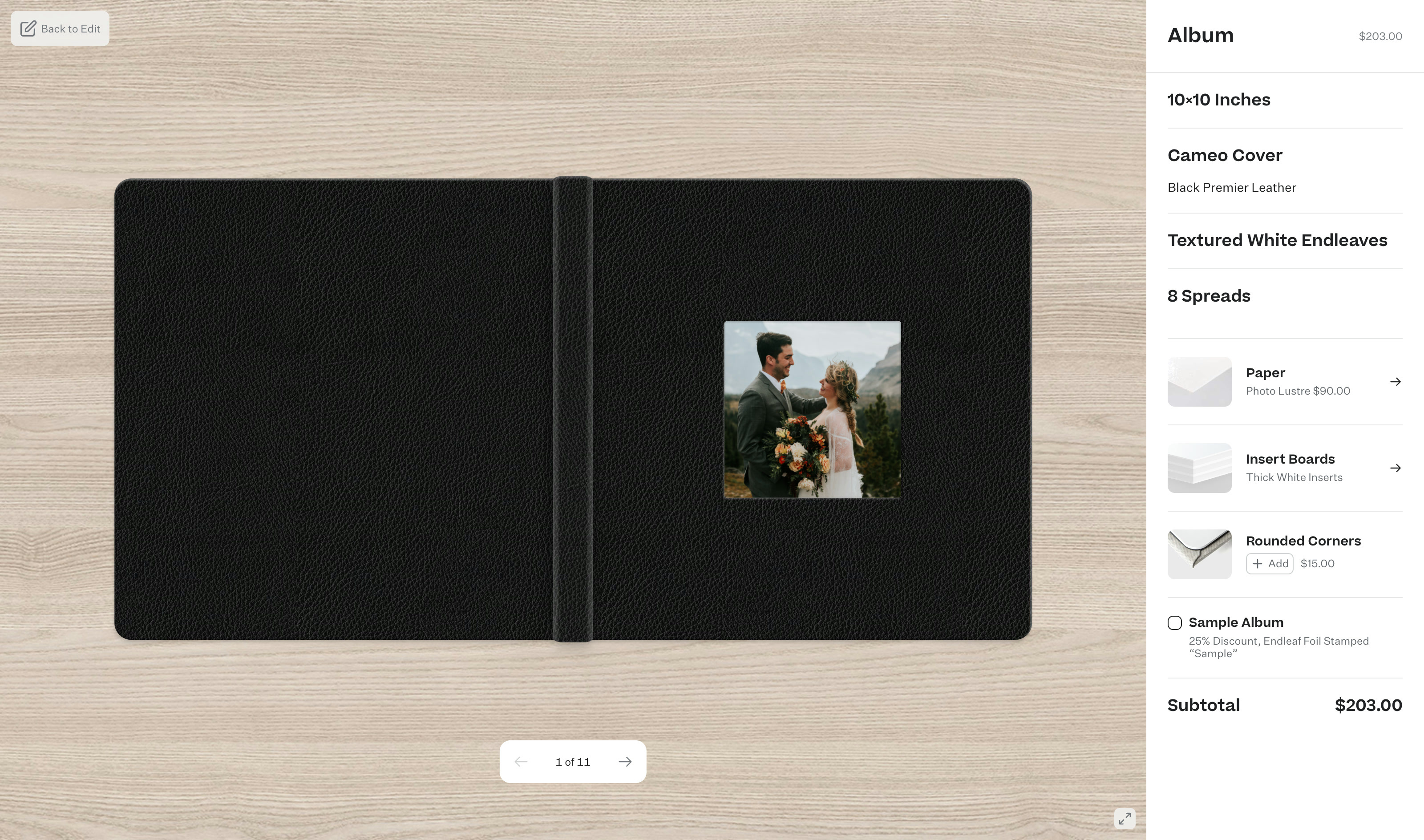 The review page, with the album preview, its options and the running total.