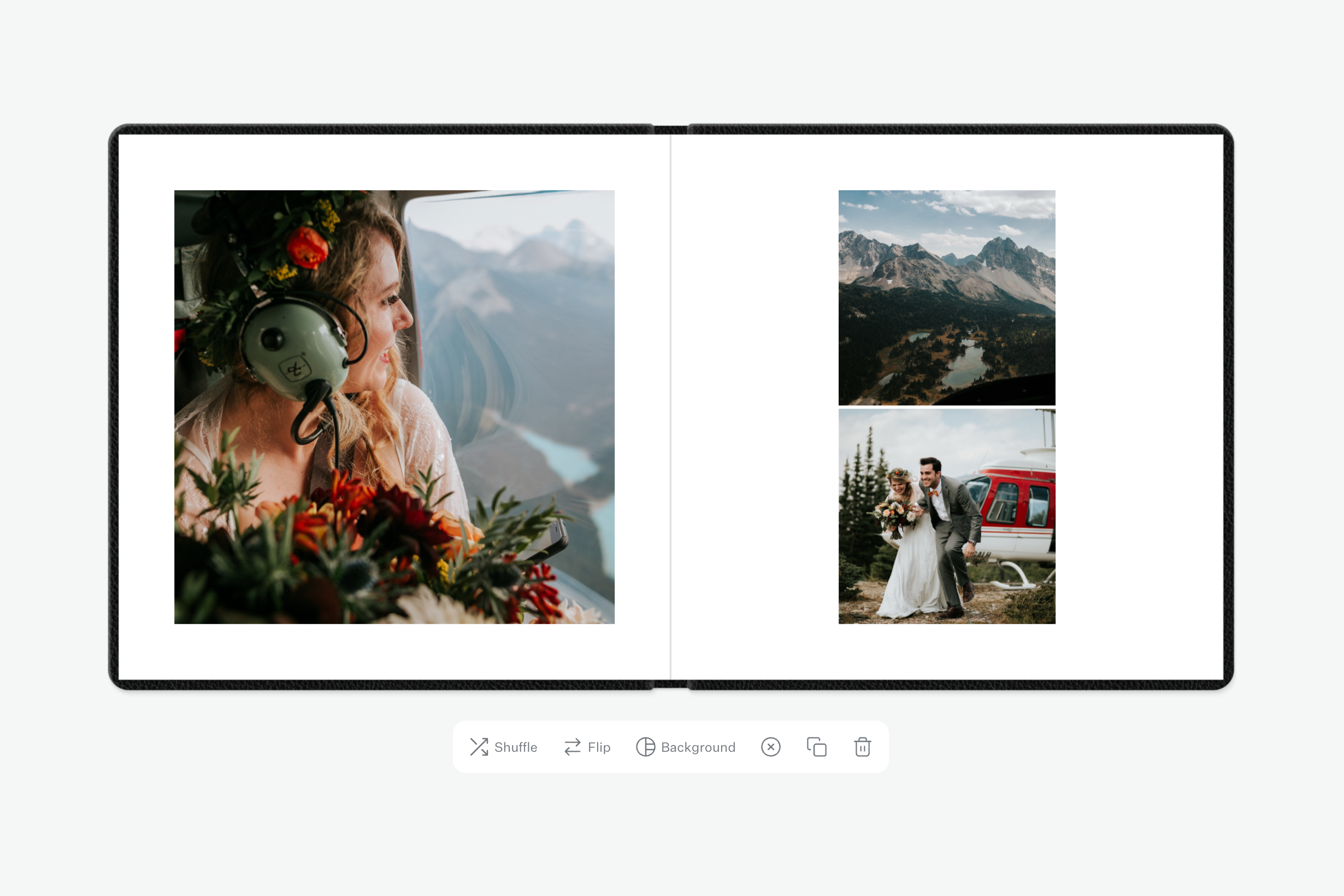 A finished spread with the toolbar below it: Shuffle, Flip, Background, and clear, duplicate and delete.