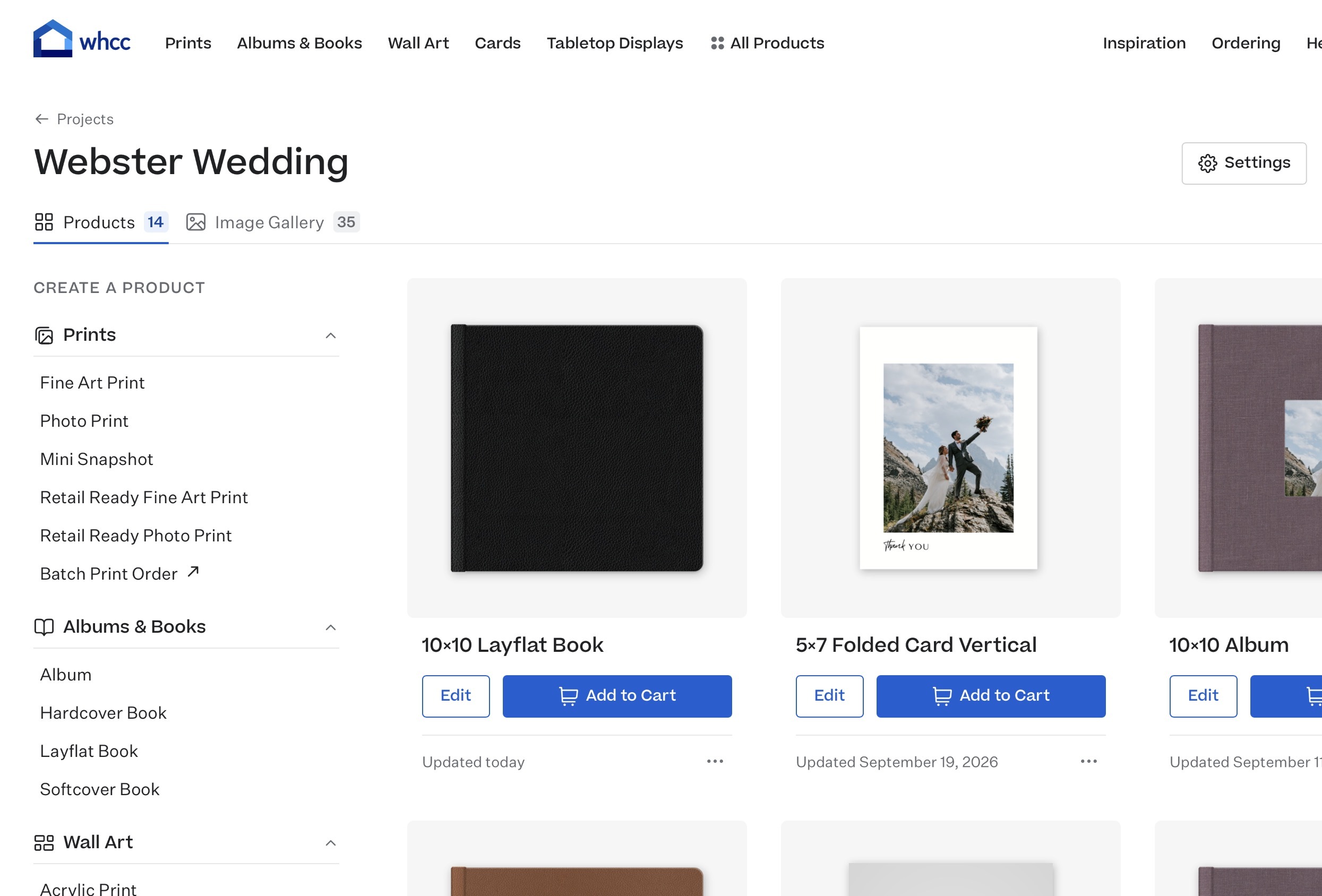 A project's Products tab, with Album, Hardcover Book, Layflat Book and Softcover Book listed under Albums & Books in the Create a Product sidebar.