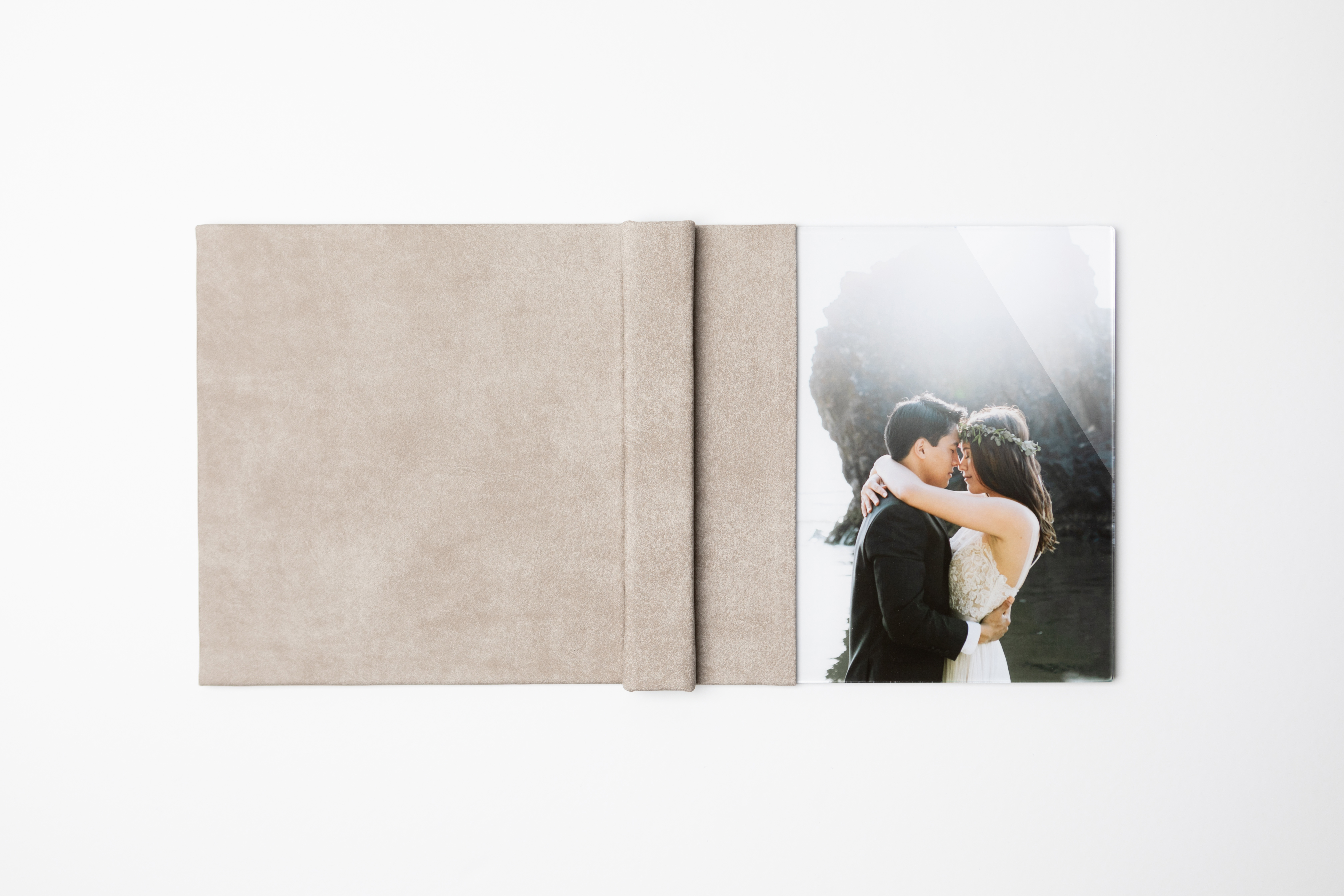 opened album cover showing high quality leather mixed with a professional wedding portrait as a combo album cover