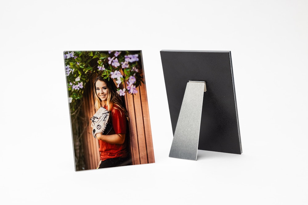Senior softball portrait printed on small Acrylic Prints, a second print next to it shows the back with Metal Easel Back hardware for tabletop display