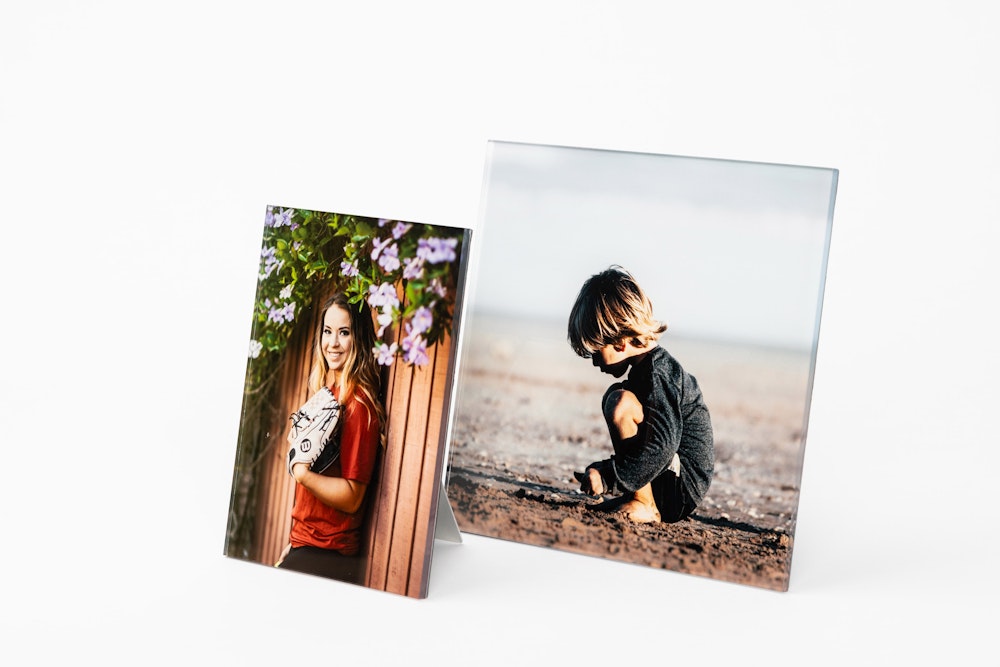 Senior softball portrait and image of child on a beach printed on small Acrylic Prints with Metal Easel Back for tabletop display