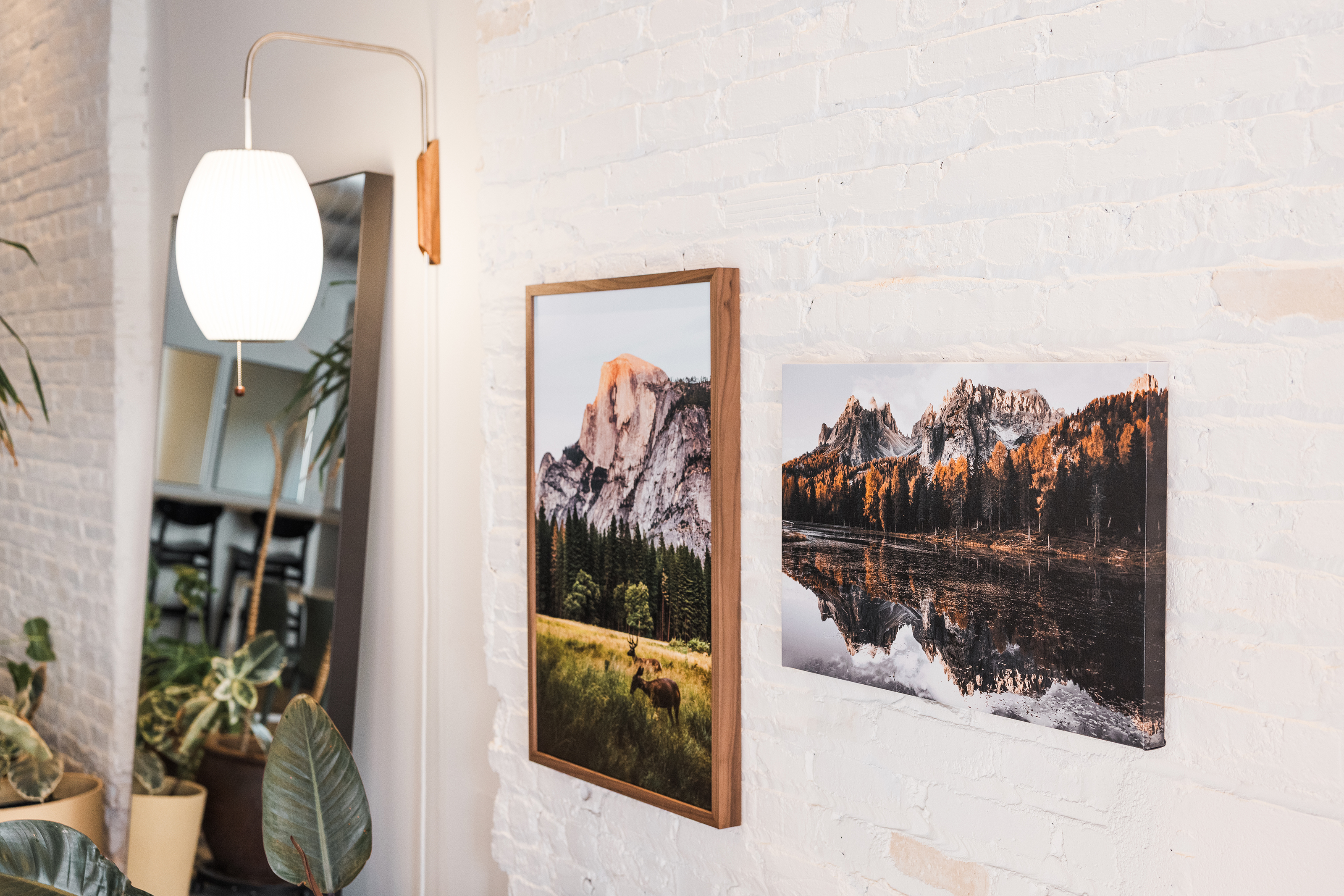 sweeping landscape photos of a mountain featured as pro quality float frame and gallery wrap canvas hanging on the wall