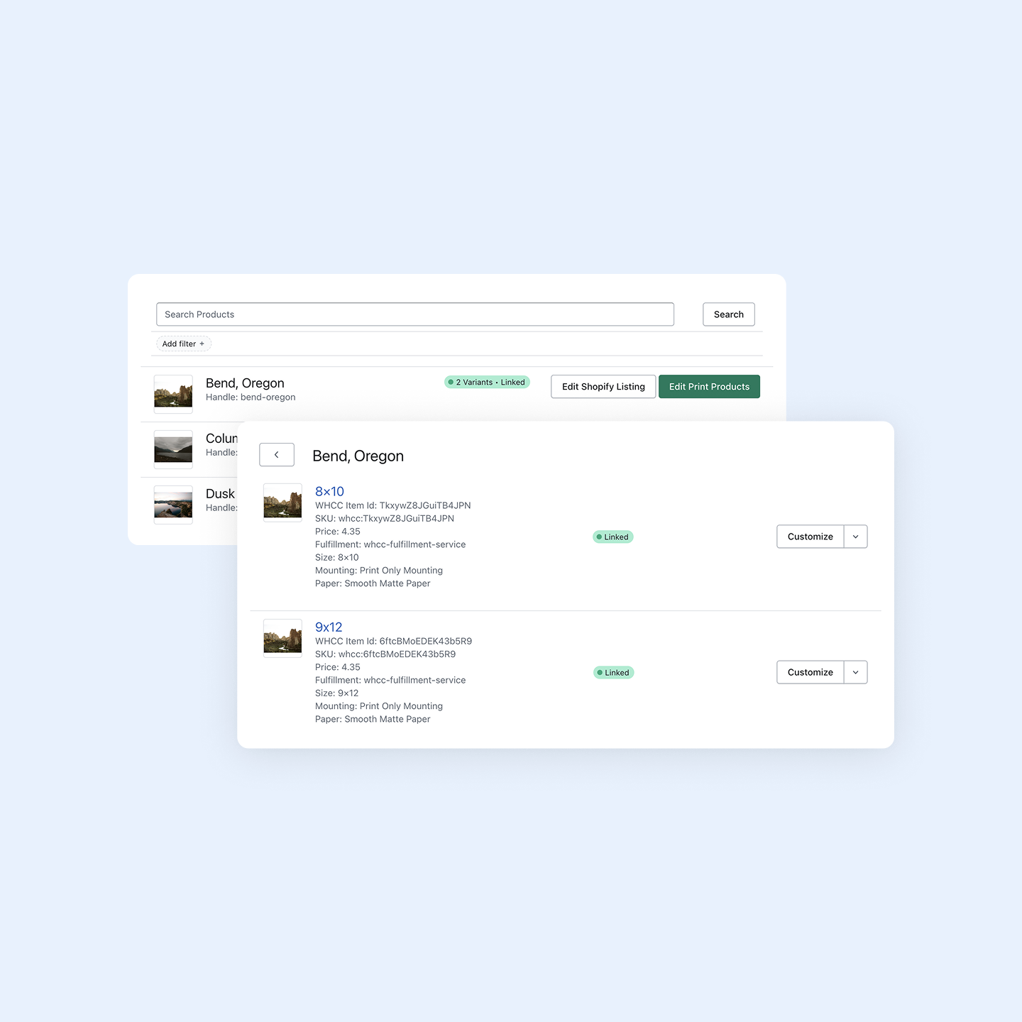 Screenshots of landscape art print variants using WHCC products within the Shopify Admin over light blue background