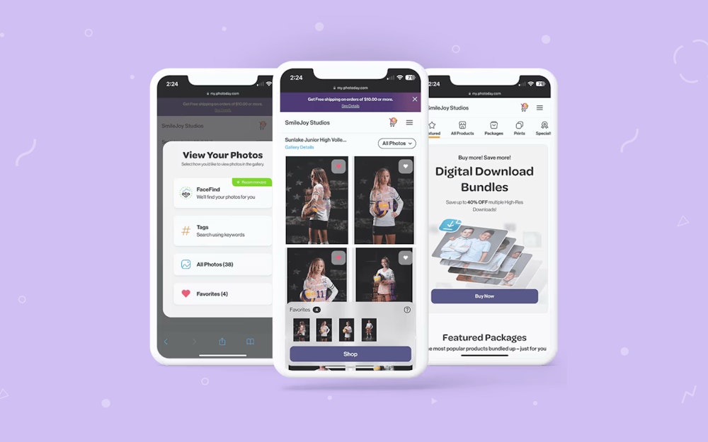 Screens from PhotoDay app for professional sports, events, and other volume photographers showing the print product creation, order, and digital download features on phones over a light purple patterned background