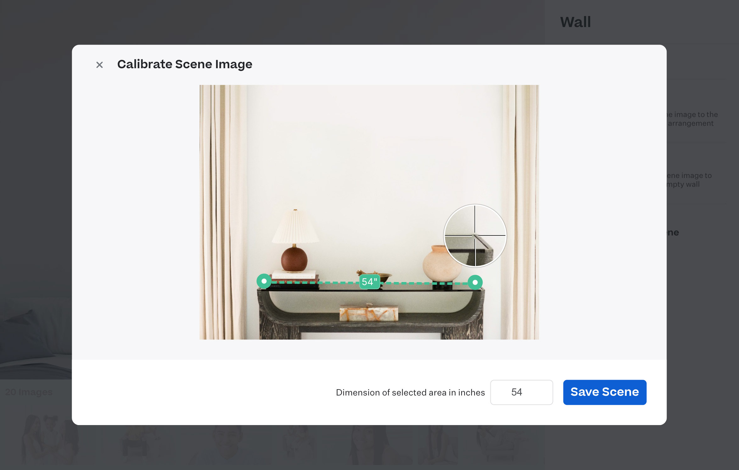 Screenshot of a dialog titled "Calibrate Scene Image" featuring an image of a blank wall with a styled console table that measures 54 inches across. "Save Scene" button in the lower right corner of the dialog.