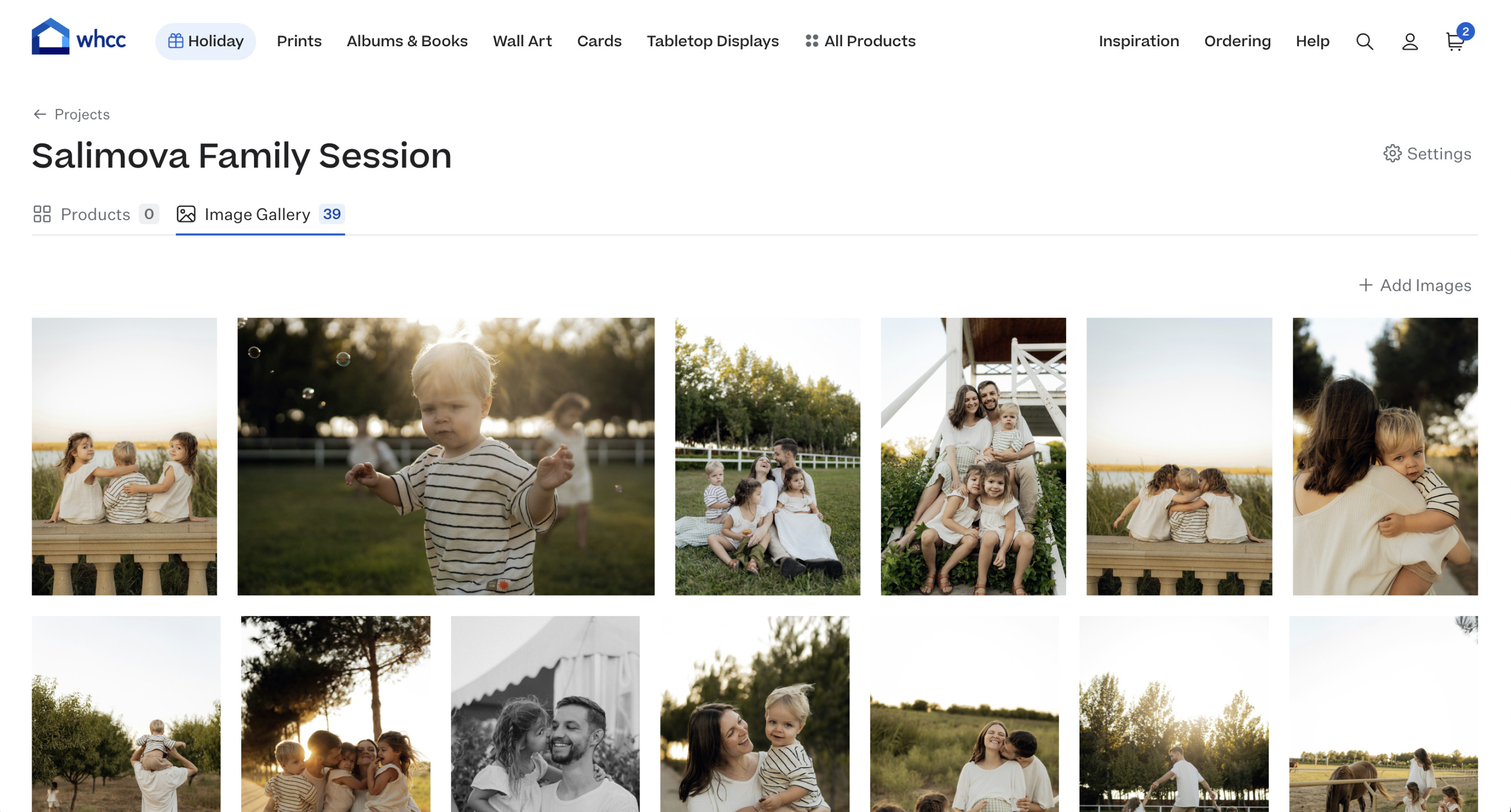 "Fortunato Family Session" project name displayed above an image gallery grid displaying the files that have been uploaded to the gallery. Buttons are available to visit the products tab or add new images