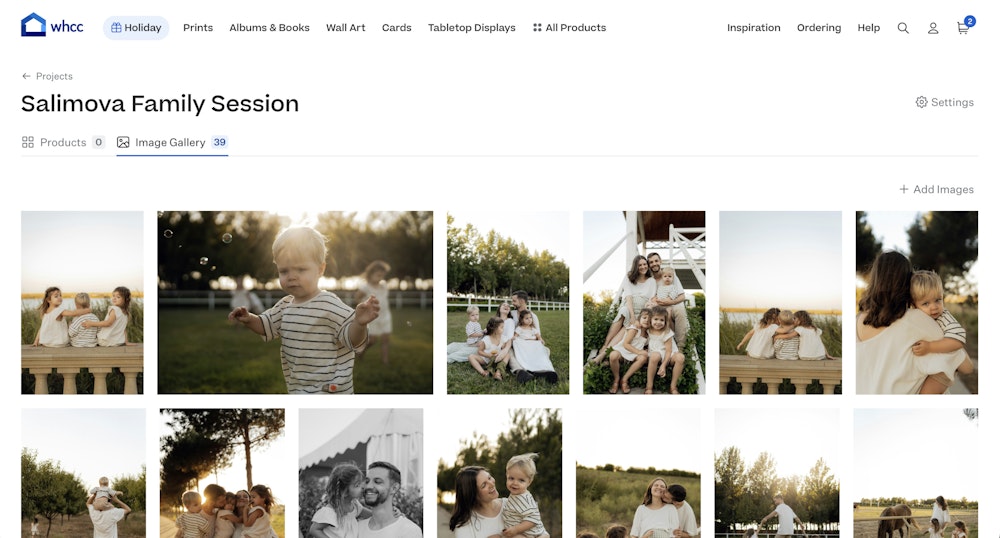 "Fortunato Family Session" project name displayed above an image gallery grid displaying the files that have been uploaded to the gallery. Buttons are available to visit the products tab or add new images