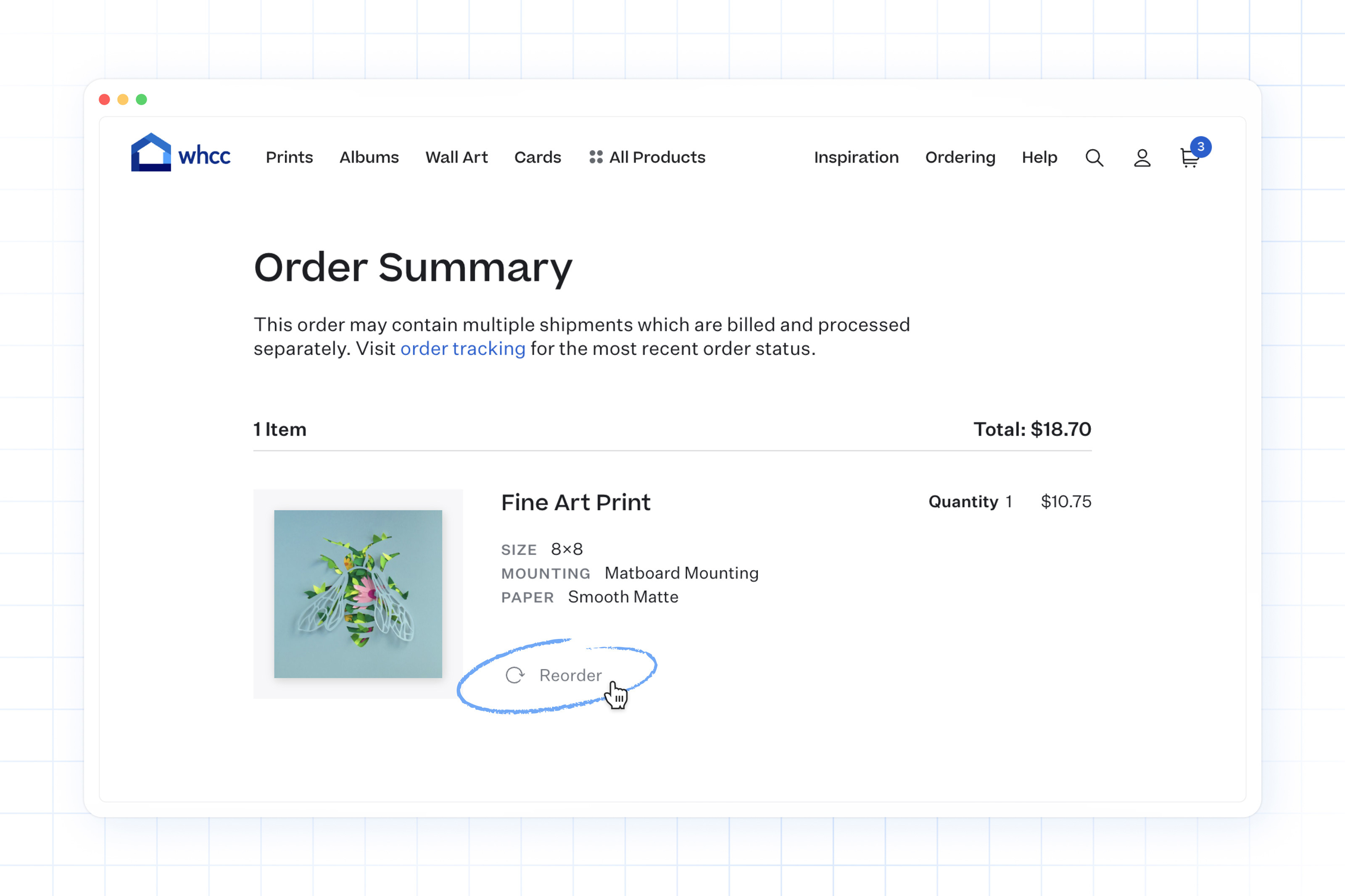 Browser window screen capture over a white background with a grid pattern featuring an order summary screen for a Fine Art Print with the "Reorder" button circled.