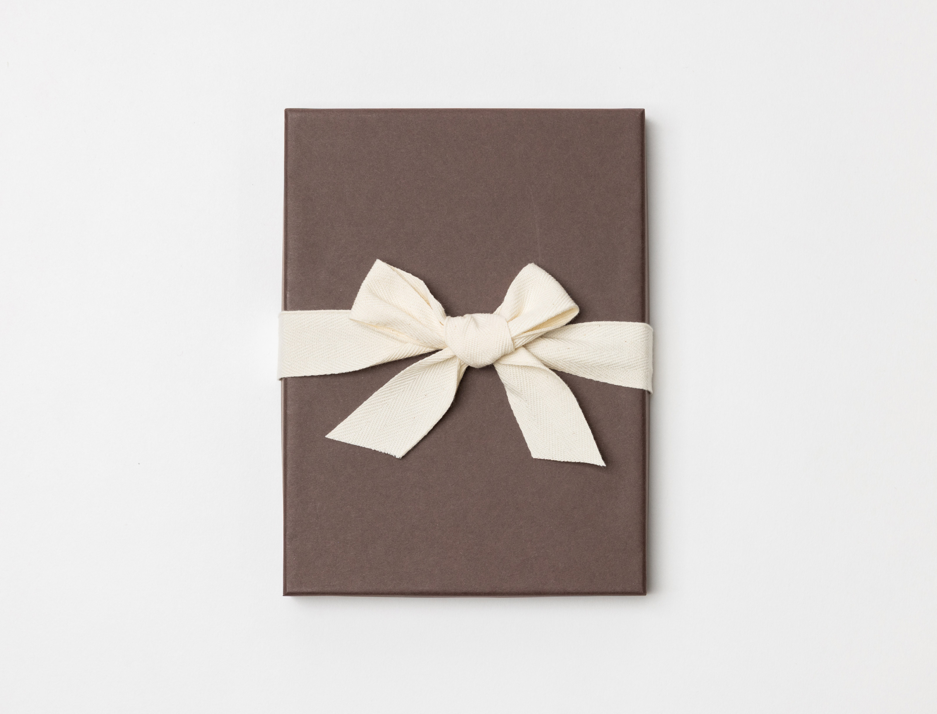 Brown Premium Packaging box with a cream ribbon tied in a bow on a light gray background